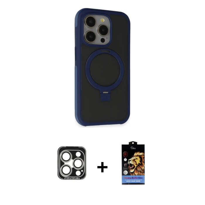 ieg™ iPhone 15 Pro Max Kılıf Ahenk Yansıma Özel Seri - Siyah Buffer Hayalet Cam Ekran Koruyucu + PVD Metal Kamera Lens - GS
