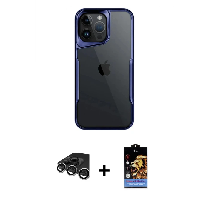 ieg™ iPhone 15 Pro Max Kılıf Akış Çizgi Koleksiyonu - Siyah Buffer Hayalet Cam Ekran Koruyucu + Raze Metal Kamera Lens - GS