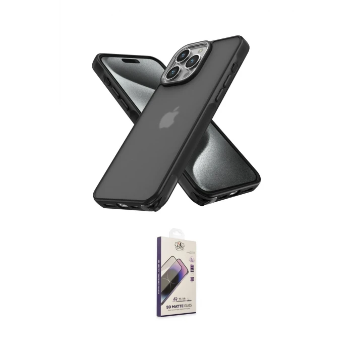 ieg™ iPhone 15 Pro Max Kılıf Atlas Form - Siyah Bilvis 3D Mat Cam Ekran Koruyucu