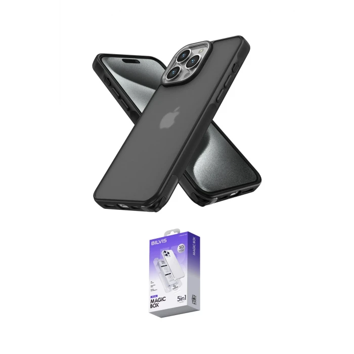 ieg™ iPhone 15 Pro Max Kılıf Atlas Form - Siyah Bilvis 5in1 3D Magic Cam Ekran Koruyucu