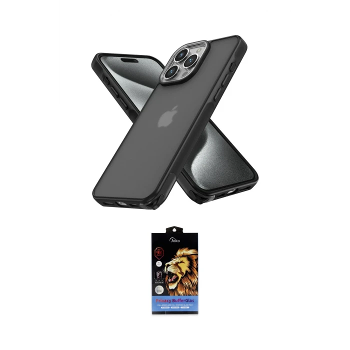 ieg™ iPhone 15 Pro Max Kılıf Atlas Form - Siyah Buffer Hayalet Cam Ekran Koruyucu