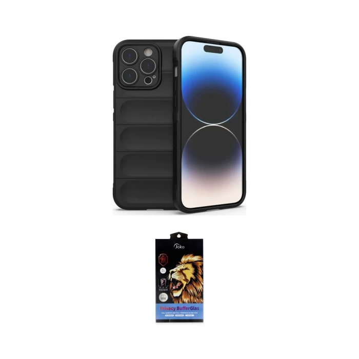ieg™ iPhone 15 Pro Max Kılıf Atlas Koleksiyonu - Siyah Buffer Hayalet Cam Ekran Koruyucu