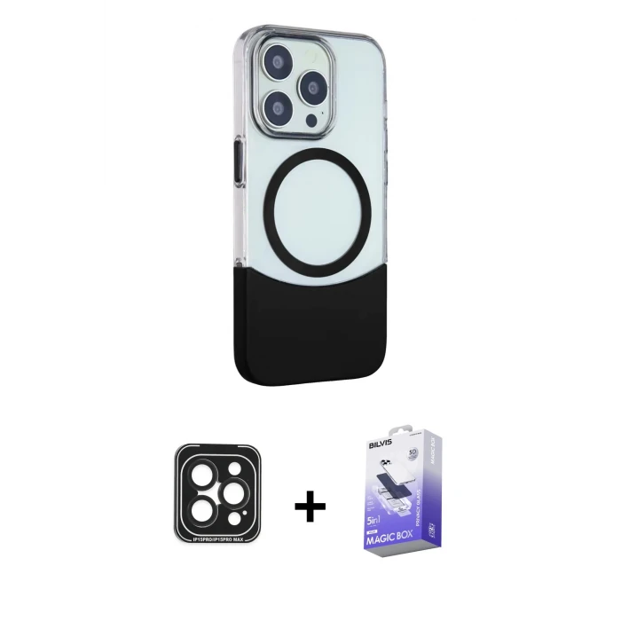 ieg™ iPhone 15 Pro Max Kılıf Çekirdek Asil Özel Seri - Siyah Bilvis 5in1 5D Magic Hayalet Cam Ekran Koruyucu + PVD Metal Kamera Lens - SH