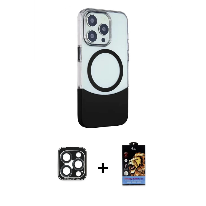 ieg™ iPhone 15 Pro Max Kılıf Çekirdek Asil Özel Seri - Siyah Buffer Hayalet Cam Ekran Koruyucu + PVD Metal Kamera Lens - LT