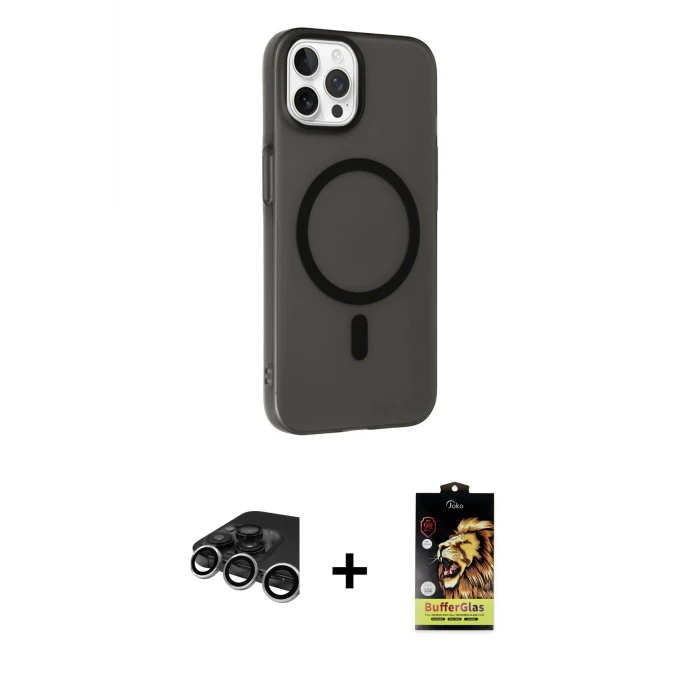 ieg™ iPhone 15 Pro Max Kılıf Çekirdek Modern Prime - Siyah Buffer Cam Ekran Koruyucu + Raze Metal Kamera Lens - GS