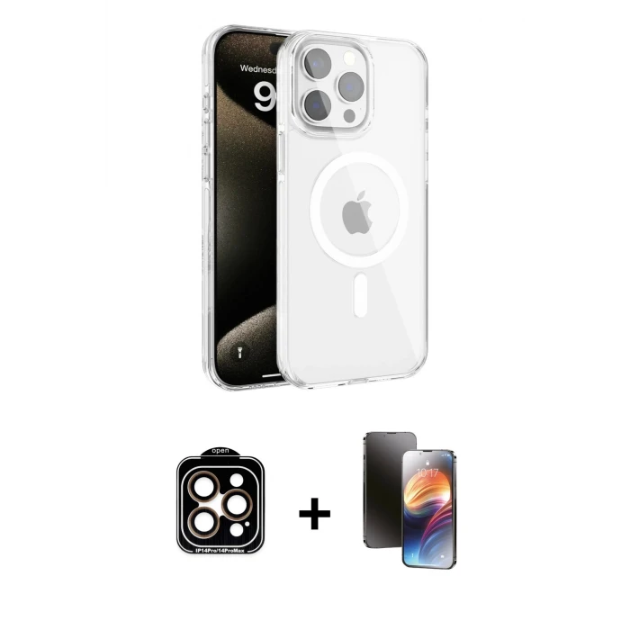 ieg™ iPhone 15 Pro Max Kılıf Doruk Doku Özel Seri - Siyah 3D Antistatik Mat Seramik Nano Ekran Koruyucu + PVD Metal Kamera Lens - TU
