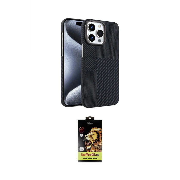 ieg™ iPhone 15 Pro Max Kılıf Doruk Serisi - Siyah Buffer Cam Ekran Koruyucu