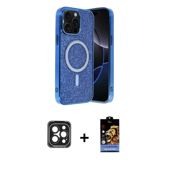 ieg™ iPhone 15 Pro Max Kılıf Eksen Çizgi - Siyah Buffer Hayalet Cam Ekran Koruyucu + PVD Metal Kamera Lens - SH