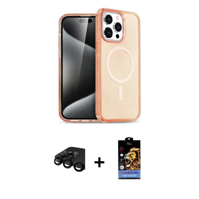 ieg™ iPhone 15 Pro Max Kılıf Eksen Doku Koleksiyonu - Siyah Buffer Hayalet Cam Ekran Koruyucu + Raze Metal Kamera Lens - SH