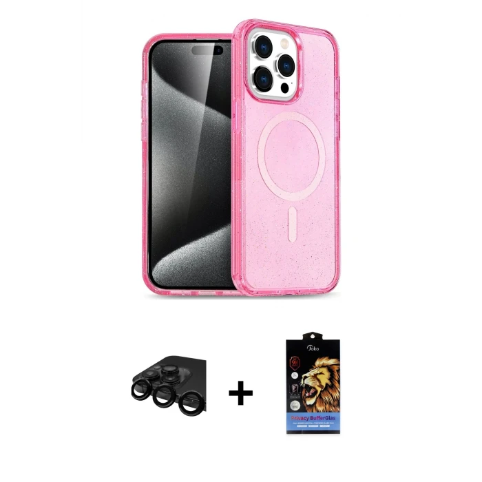 ieg™ iPhone 15 Pro Max Kılıf Eksen Doku Koleksiyonu - Siyah Buffer Hayalet Cam Ekran Koruyucu + Raze Metal Kamera Lens - SH
