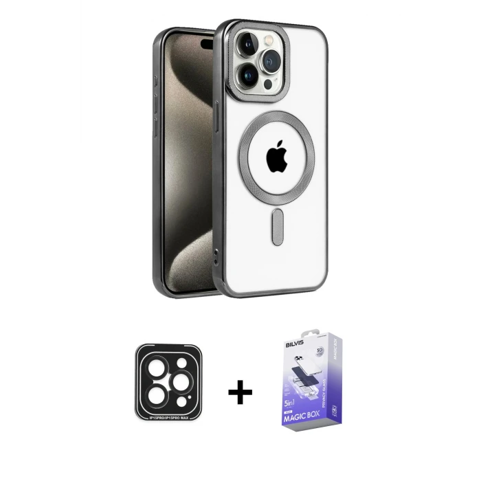 ieg™ iPhone 15 Pro Max Kılıf Eksen Form Koleksiyonu - Siyah Bilvis 5in1 5D Magic Hayalet Cam Ekran Koruyucu + PVD Metal Kamera Lens - SH