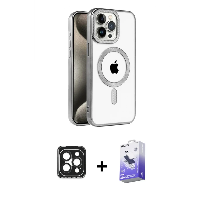 ieg™ iPhone 15 Pro Max Kılıf Eksen Form Koleksiyonu - Siyah Bilvis 5in1 5D Magic Hayalet Cam Ekran Koruyucu + PVD Metal Kamera Lens - SH