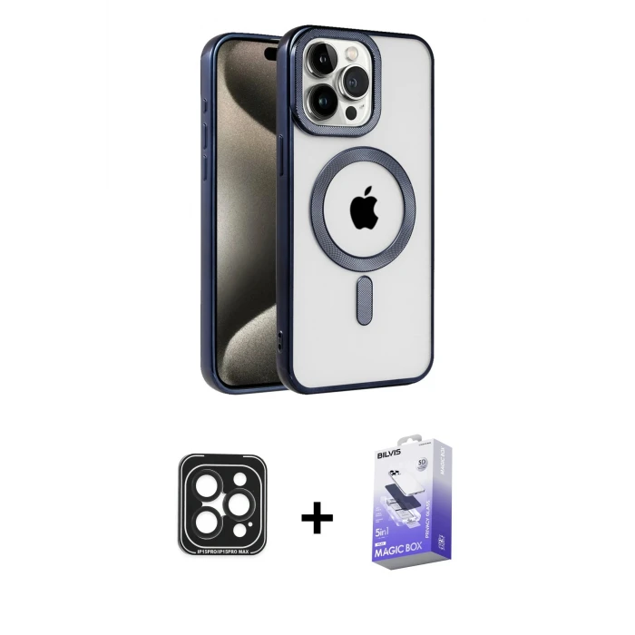 ieg™ iPhone 15 Pro Max Kılıf Eksen Form Koleksiyonu - Siyah Bilvis 5in1 5D Magic Hayalet Cam Ekran Koruyucu + PVD Metal Kamera Lens - SH
