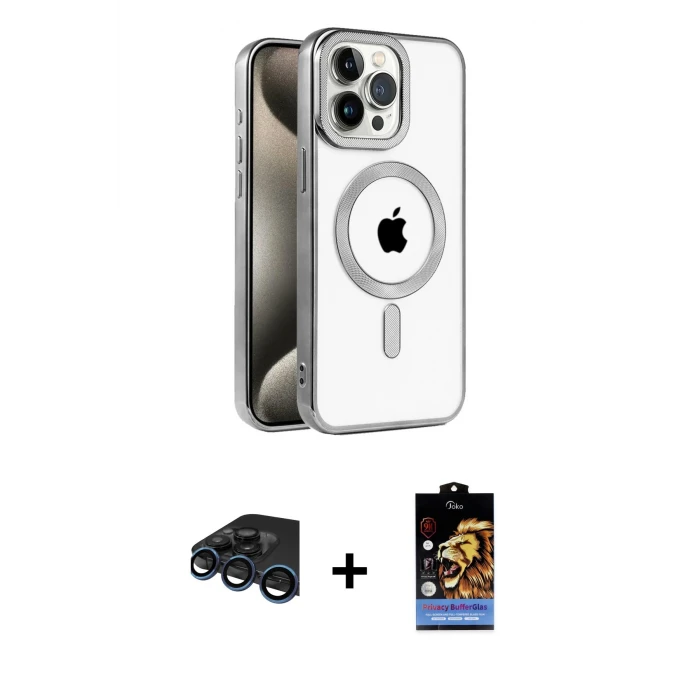 ieg™ iPhone 15 Pro Max Kılıf Eksen Form Koleksiyonu - Siyah Buffer Hayalet Cam Ekran Koruyucu + Raze Metal Kamera Lens - LT