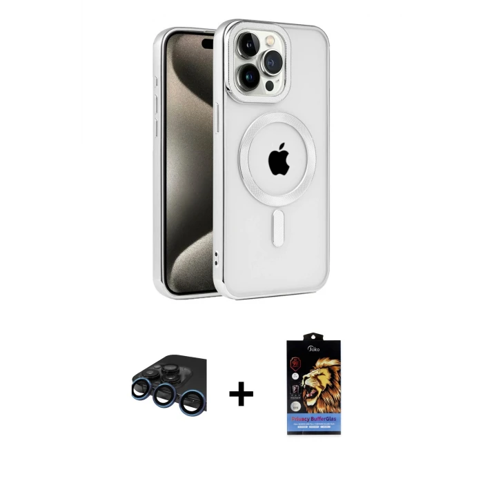 ieg™ iPhone 15 Pro Max Kılıf Eksen Form Koleksiyonu - Siyah Buffer Hayalet Cam Ekran Koruyucu + Raze Metal Kamera Lens - LT