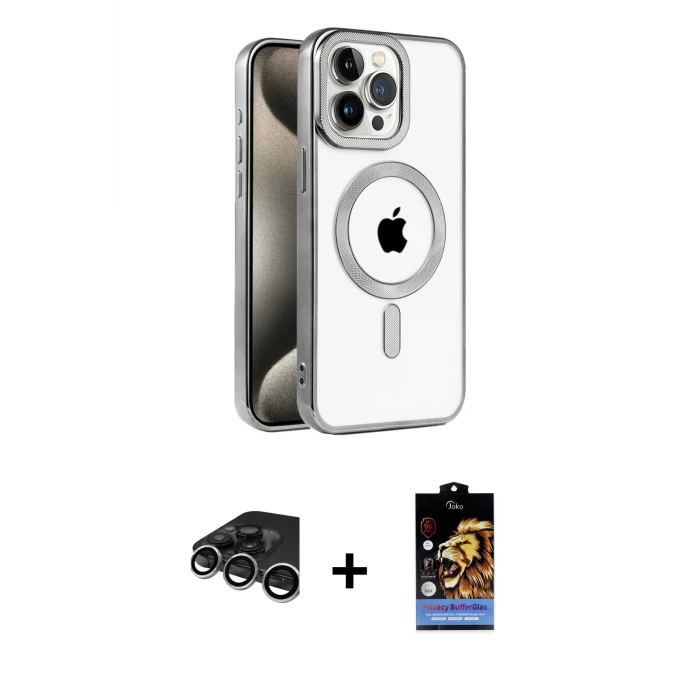 ieg™ iPhone 15 Pro Max Kılıf Eksen Form Koleksiyonu - Siyah Buffer Hayalet Cam Ekran Koruyucu + Raze Metal Kamera Lens - GS