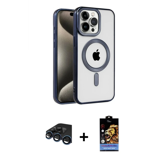 ieg™ iPhone 15 Pro Max Kılıf Eksen Form Koleksiyonu - Siyah Buffer Hayalet Cam Ekran Koruyucu + Raze Metal Kamera Lens - LT
