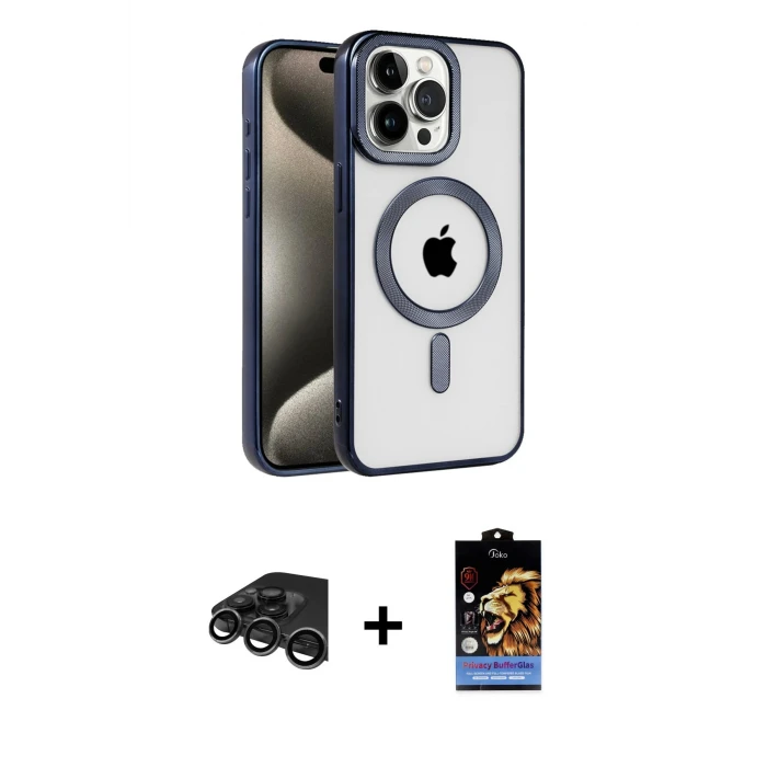 ieg™ iPhone 15 Pro Max Kılıf Eksen Form Koleksiyonu - Siyah Buffer Hayalet Cam Ekran Koruyucu + Raze Metal Kamera Lens - TMGI