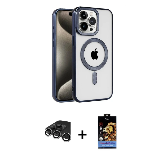 ieg™ iPhone 15 Pro Max Kılıf Eksen Form Koleksiyonu - Siyah Buffer Hayalet Cam Ekran Koruyucu + Raze Metal Kamera Lens - GS