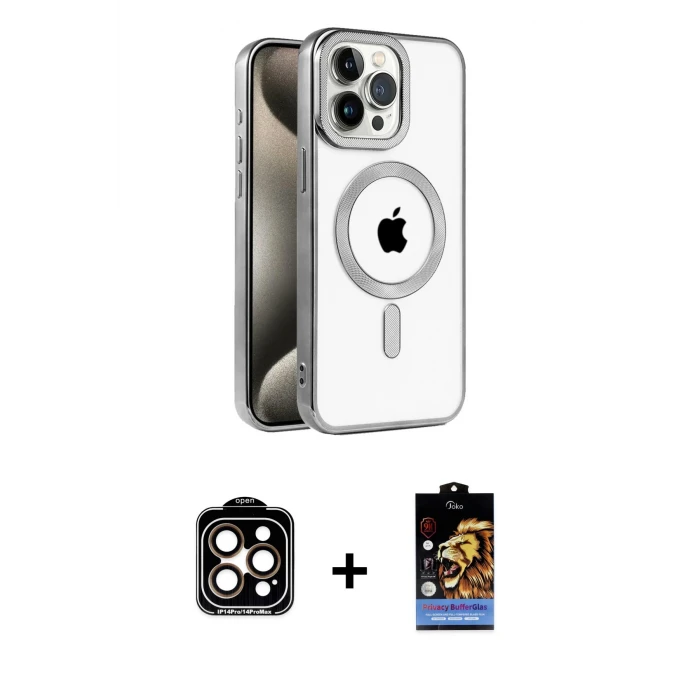 ieg™ iPhone 15 Pro Max Kılıf Eksen Form Koleksiyonu - Siyah Buffer Hayalet Cam Ekran Koruyucu + Turuncu PVD Metal Kamera Lens