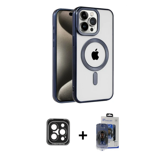 ieg™ iPhone 15 Pro Max Kılıf Eksen Form Koleksiyonu - Siyah Vanessa Magic Cam + PVD Metal Kamera Lens - SH