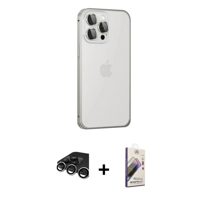 ieg™ iPhone 15 Pro Max Kılıf Eksen Form Serisi - Siyah Bilvis 3D Mat Cam Ekran Koruyucu + Gümüş Raze Metal Kamera Lens