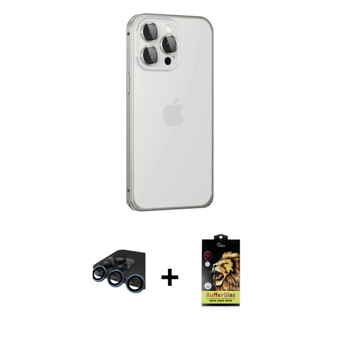 ieg™ iPhone 15 Pro Max Kılıf Eksen Form Serisi - Siyah Buffer Cam Ekran Koruyucu + Raze Metal Kamera Lens - LT