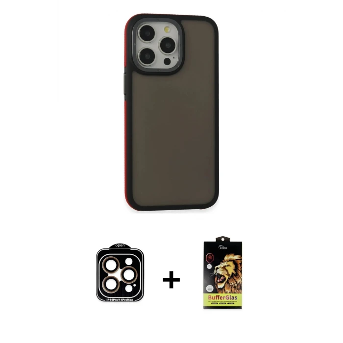 ieg™ iPhone 15 Pro Max Kılıf Eksen Işık - Siyah Buffer Cam Ekran Koruyucu + PVD Metal Kamera Lens - TU