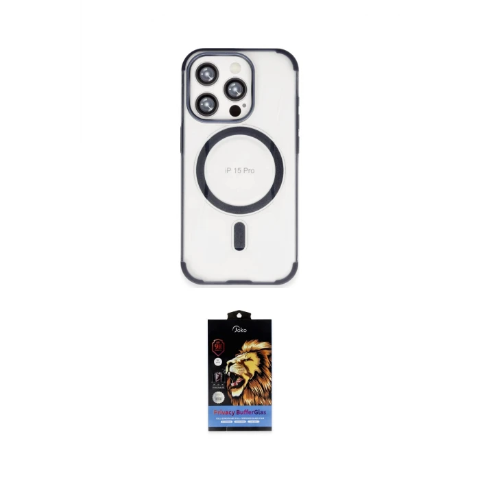 ieg™ iPhone 15 Pro Max Kılıf Eksen Klasik Koleksiyonu - Siyah Buffer Hayalet Cam Ekran Koruyucu