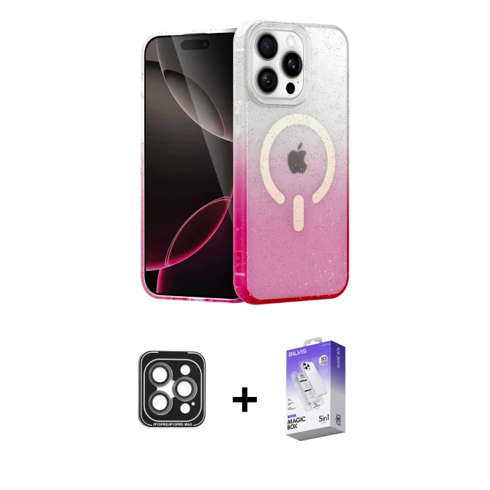 ieg™ iPhone 15 Pro Max Kılıf Eksen Minimal Özel Seri - Siyah Bilvis 5in1 3D Magic Cam Ekran Koruyucu + PVD Metal Kamera Lens - GI