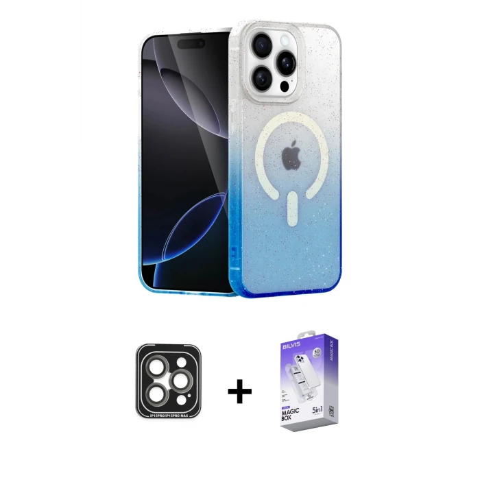 ieg™ iPhone 15 Pro Max Kılıf Eksen Minimal Özel Seri - Siyah Bilvis 5in1 3D Magic Cam Ekran Koruyucu + PVD Metal Kamera Lens - GI