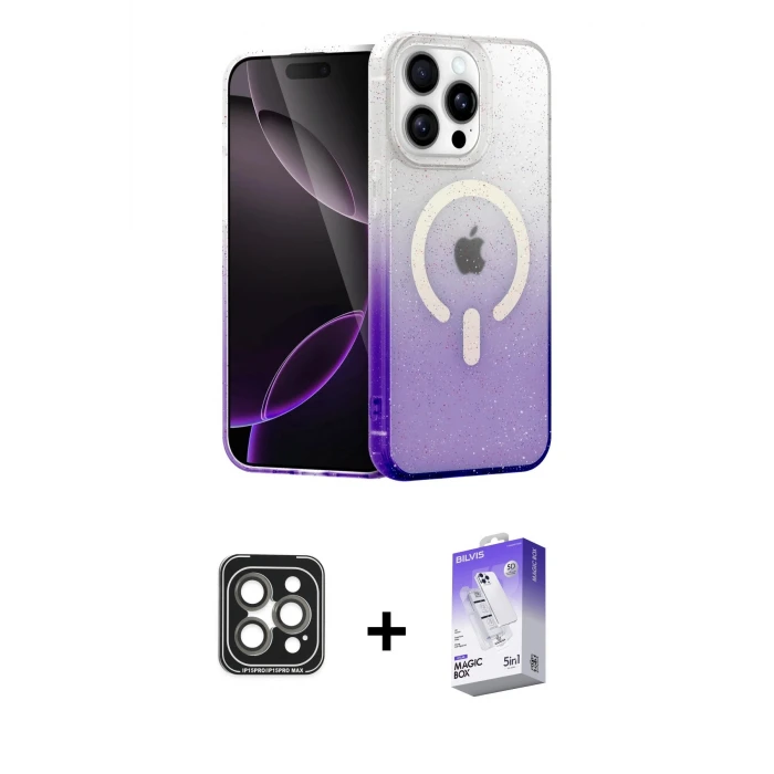 ieg™ iPhone 15 Pro Max Kılıf Eksen Minimal Özel Seri - Siyah Bilvis 5in1 3D Magic Cam Ekran Koruyucu + PVD Metal Kamera Lens - GI