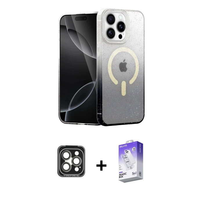 ieg™ iPhone 15 Pro Max Kılıf Eksen Minimal Özel Seri - Siyah Bilvis 5in1 3D Magic Cam Ekran Koruyucu + PVD Metal Kamera Lens - GI
