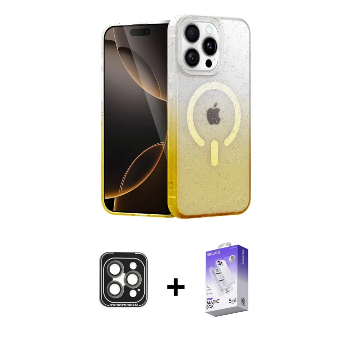 ieg™ iPhone 15 Pro Max Kılıf Eksen Minimal Özel Seri - Siyah Bilvis 5in1 3D Magic Cam Ekran Koruyucu + PVD Metal Kamera Lens - GI
