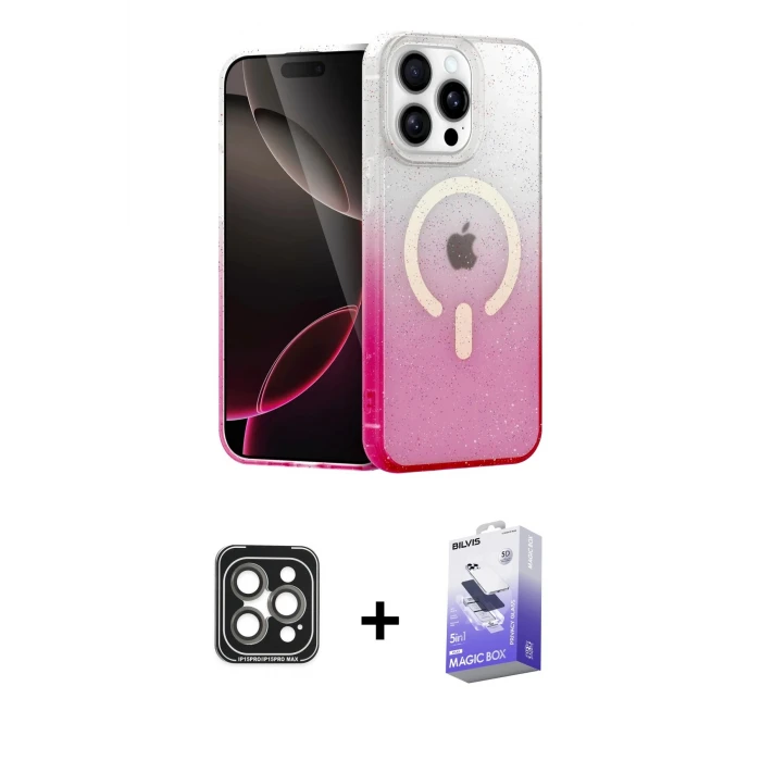 ieg™ iPhone 15 Pro Max Kılıf Eksen Minimal Özel Seri - Siyah Bilvis 5in1 5D Magic Hayalet Cam Ekran Koruyucu + PVD Metal Kamera Lens - GI