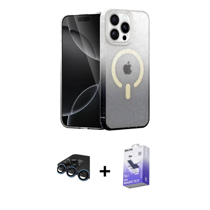 ieg™ iPhone 15 Pro Max Kılıf Eksen Minimal Özel Seri - Siyah Bilvis 5in1 5D Magic Hayalet Cam Ekran Koruyucu + Raze Metal Kamera Lens - LT