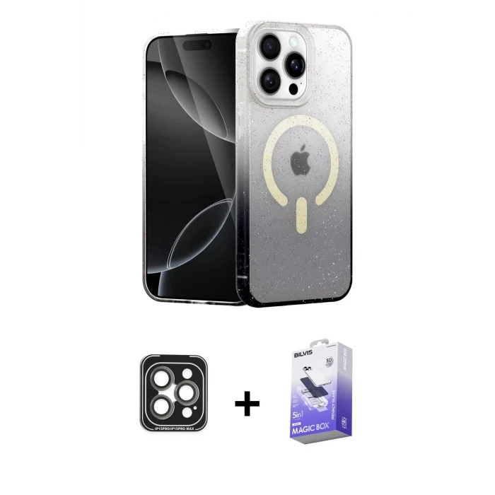 ieg™ iPhone 15 Pro Max Kılıf Eksen Minimal Özel Seri - Siyah Bilvis 5in1 5D Magic Hayalet Cam Ekran Koruyucu + PVD Metal Kamera Lens - GI