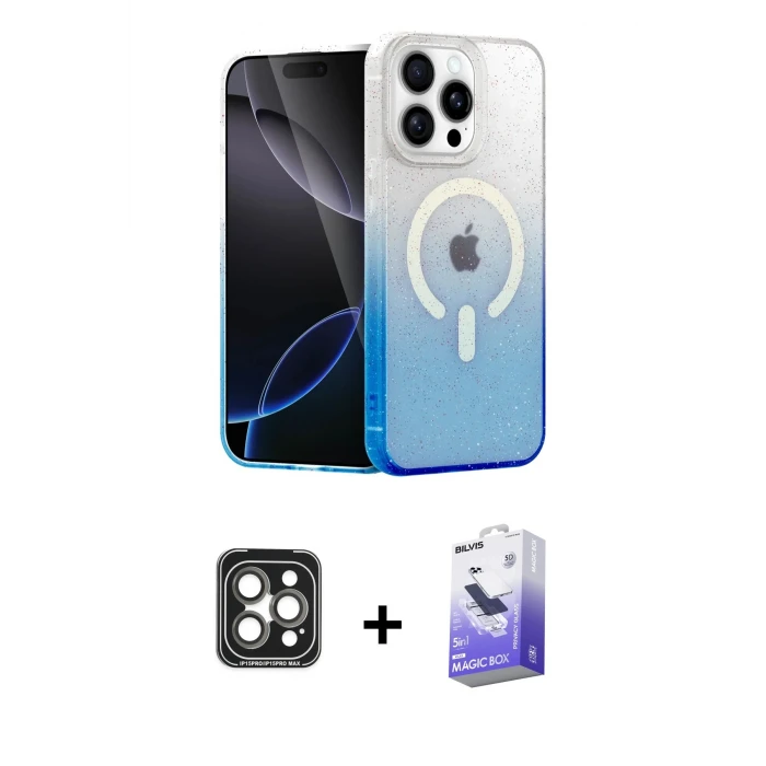 ieg™ iPhone 15 Pro Max Kılıf Eksen Minimal Özel Seri - Siyah Bilvis 5in1 5D Magic Hayalet Cam Ekran Koruyucu + PVD Metal Kamera Lens - GI