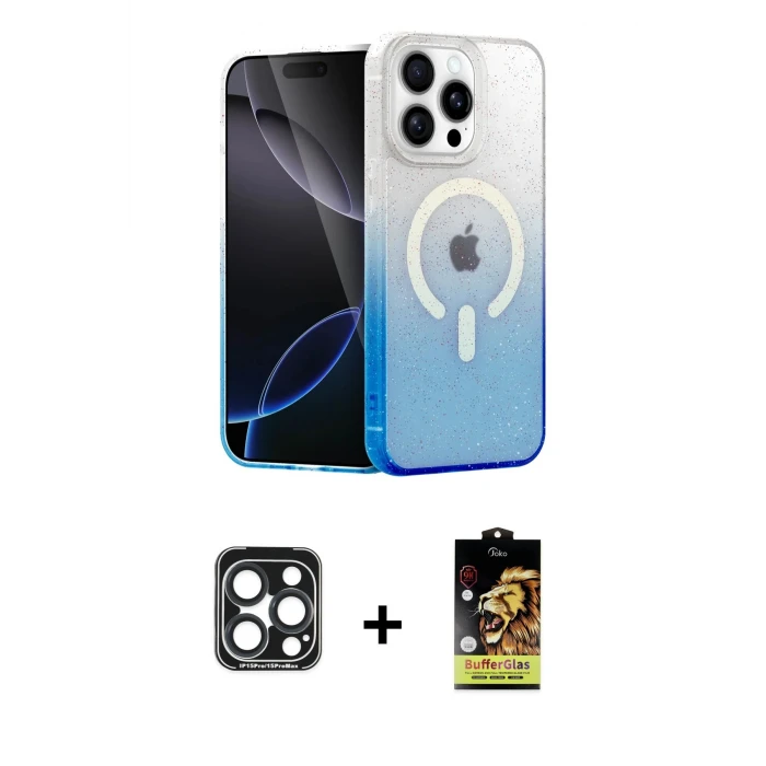 ieg™ iPhone 15 Pro Max Kılıf Eksen Minimal Özel Seri - Siyah Buffer Cam Ekran Koruyucu + Lacivert PVD Metal Kamera Lens