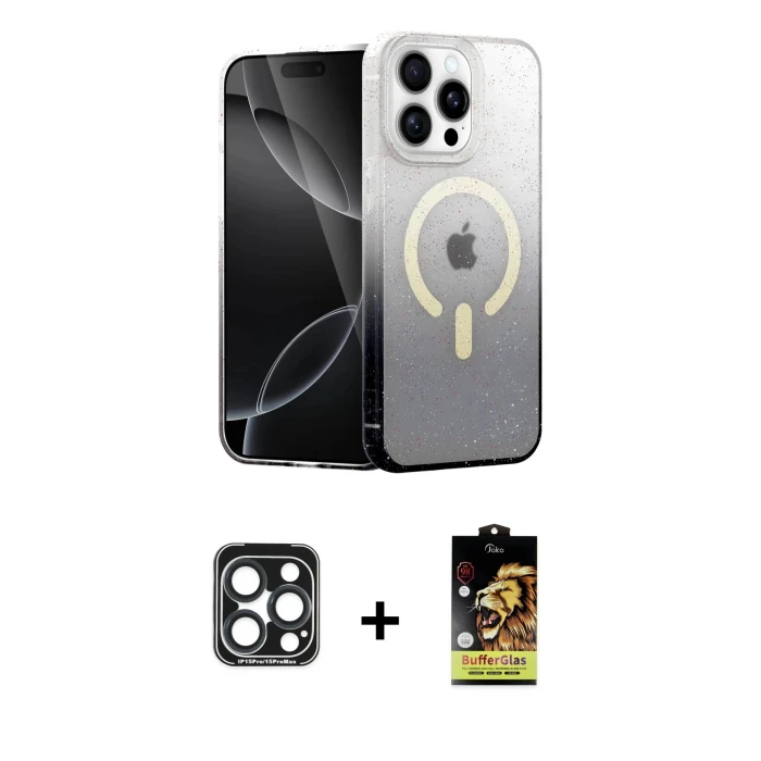 ieg™ iPhone 15 Pro Max Kılıf Eksen Minimal Özel Seri - Siyah Buffer Cam Ekran Koruyucu + Lacivert PVD Metal Kamera Lens