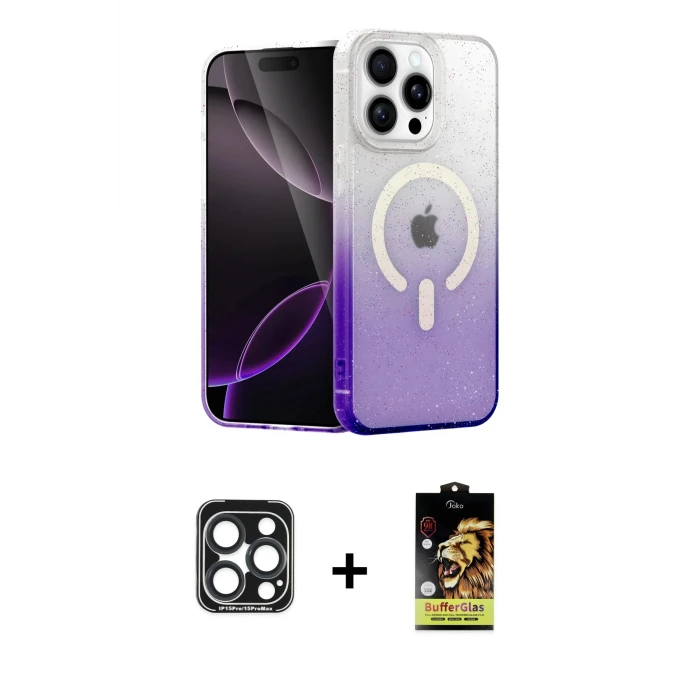 ieg™ iPhone 15 Pro Max Kılıf Eksen Minimal Özel Seri - Siyah Buffer Cam Ekran Koruyucu + Lacivert PVD Metal Kamera Lens