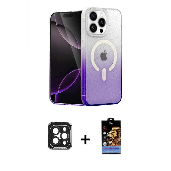 ieg™ iPhone 15 Pro Max Kılıf Eksen Minimal Özel Seri - Siyah Buffer Hayalet Cam Ekran Koruyucu + PVD Metal Kamera Lens - SH