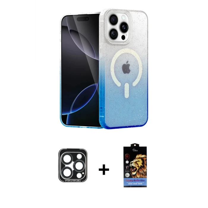 ieg™ iPhone 15 Pro Max Kılıf Eksen Minimal Özel Seri - Siyah Buffer Hayalet Cam Ekran Koruyucu + PVD Metal Kamera Lens - LT