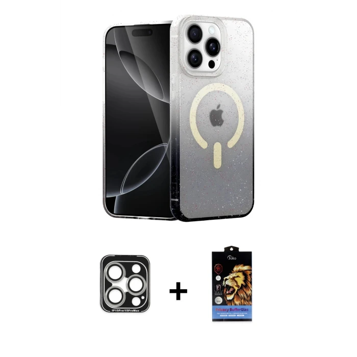 ieg™ iPhone 15 Pro Max Kılıf Eksen Minimal Özel Seri - Siyah Buffer Hayalet Cam Ekran Koruyucu + PVD Metal Kamera Lens - GS