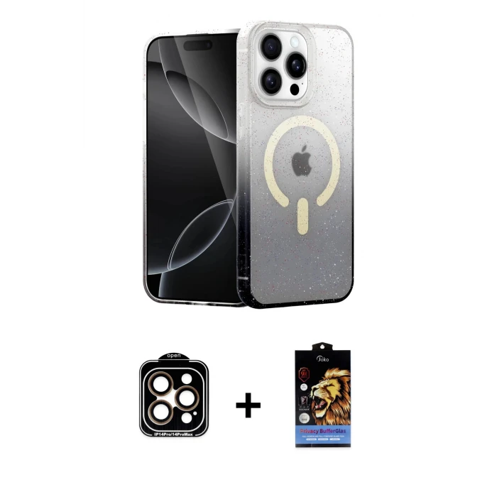 ieg™ iPhone 15 Pro Max Kılıf Eksen Minimal Özel Seri - Siyah Buffer Hayalet Cam Ekran Koruyucu + PVD Metal Kamera Lens - TU