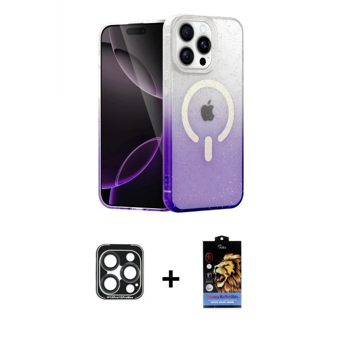ieg™ iPhone 15 Pro Max Kılıf Eksen Minimal Özel Seri - Siyah Buffer Hayalet Cam Ekran Koruyucu + PVD Metal Kamera Lens - LT