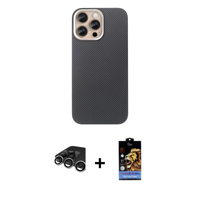 ieg™ iPhone 15 Pro Max Kılıf Eksen Prime - Siyah Buffer Hayalet Cam Ekran Koruyucu + Gümüş Raze Metal Kamera Lens
