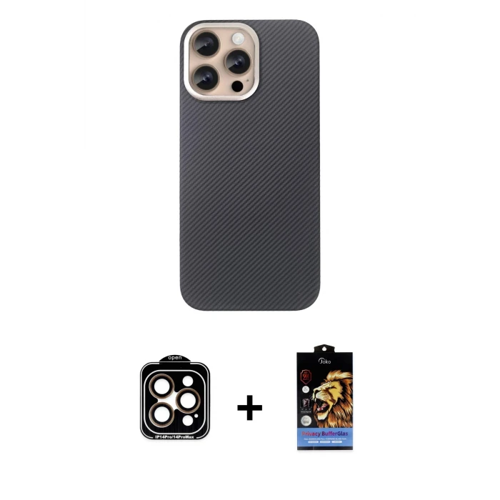 ieg™ iPhone 15 Pro Max Kılıf Eksen Prime - Siyah Buffer Hayalet Cam Ekran Koruyucu + PVD Metal Kamera Lens - TU