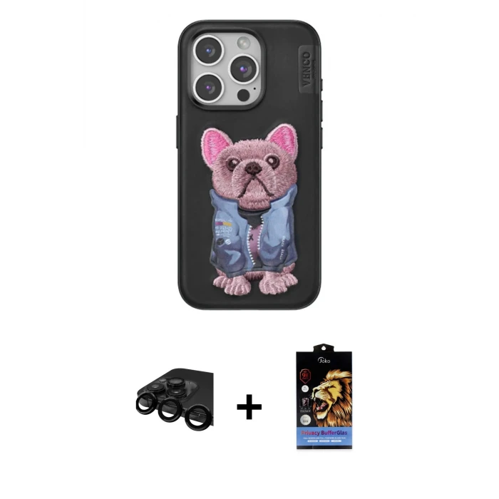 ieg™ iPhone 15 Pro Max Kılıf İz Minimal Koleksiyonu - Siyah Buffer Hayalet Cam Ekran Koruyucu + Raze Metal Kamera Lens - SH