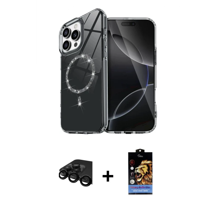 ieg™ iPhone 15 Pro Max Kılıf Kıvılcım Form Prime - Siyah Buffer Hayalet Cam Ekran Koruyucu + Siyah Raze Metal Kamera Lens